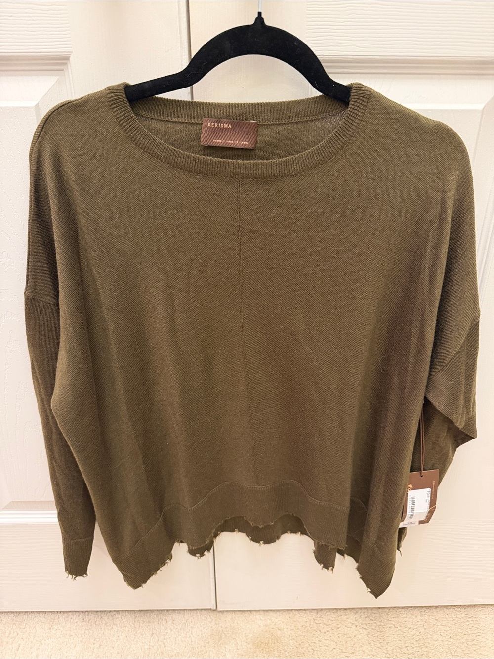 New with tags KERISMA Olive Crewneck Sweater with Distressed Hem size small